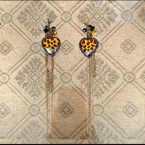 Betsey Johnson dangly leopard heart earrings